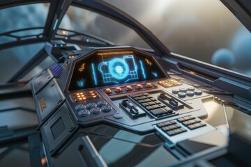 Aufkleber - Futuristic spaceship control panel with glowing digital display and various buttons, knobs, and a keyboard.
