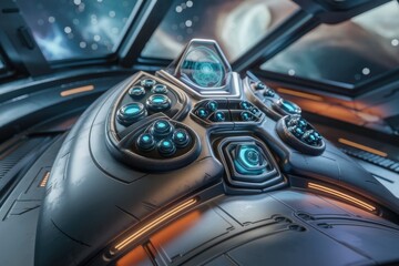Aufkleber - Futuristic spaceship control panel with glowing buttons and a central display, viewed from inside the cockpit.