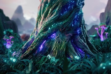 Poster - Glowing, bioluminescent tree base in a mystical forest with purple mushrooms and grass.