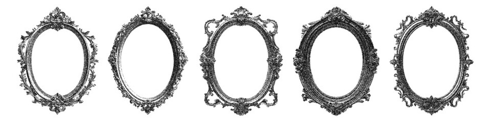 Fototapete - Vintage gothic mirror frames with stippled photocopy texture. Vector illustration of retro victorian ornate oval borders in antique baroque style. Design element for banner, halftone collage.