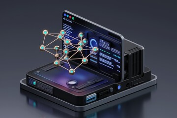 Poster - Futuristic computer displaying a 3D network model, representing data connectivity and complex systems.