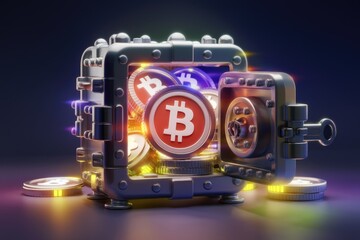 Poster - Bitcoin cryptocurrency securely stored in a vault, symbolizing digital asset safety and security.