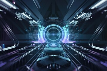 Poster - Futuristic spaceship corridor with glowing holographic interface and advanced technology.