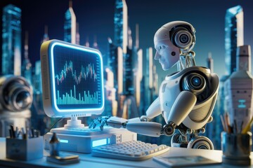 Fototapete - A futuristic robot analyzes stock market data on a computer screen, showcasing technological advancements in finance.