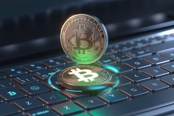 Poster - Bitcoin cryptocurrency digital coin on laptop keyboard, symbolizing online transactions and digital finance.