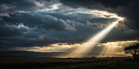 Poster - Bright Ray of Light Pierces Through Stormy Clouds at Sunset. Generative AI