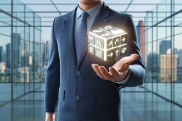 Poster - Businessman holding a glowing cube symbolizing financial data and growth.