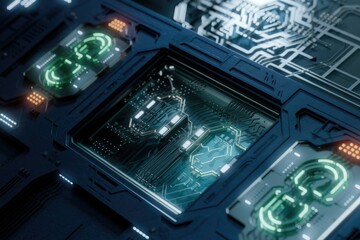 Leinwandbilder - Futuristic technology, a close-up view of a circuit board with glowing elements.