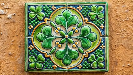 Wall Mural - Hand Painted Ceramic Tile With Shamrock Design in Vibrant Colors. Generative AI