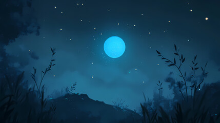 Wall Mural - A blue moon glowing in the dark sky, surrounded by twinkling stars, creating a cinematic and epic atmosphere. Celestial Glow. Illustration