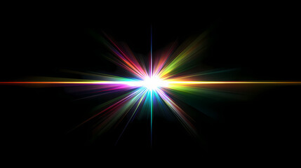 a bright, colorful light burst with rays extending outward from the center, set against a black back