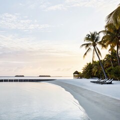 Poster - Serene Beach at Sunrise With Clear Water and Palm Trees. Generative AI