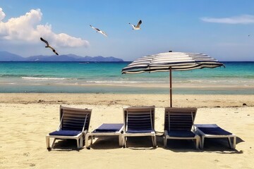 Poster - Relaxing Beach Chairs and Umbrella by the Ocean Waves. Generative AI