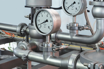 Canvas Print - Boiler room gas pressure meter. Industrial  concept. equipment of the boiler-house, - valves, tubes, pressure gauges manometer