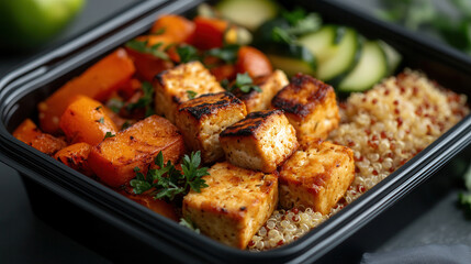 Poster - Healthy meal prep container with quinoa, grilled tofu, and roasted vegetables for a balanced diet against a clean white background. healthy and wholesome food, vegan food