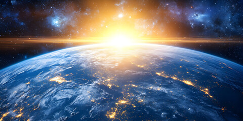  Panoramic view on planet Earth globe as seen from space. Glowing city lights, light clouds theme