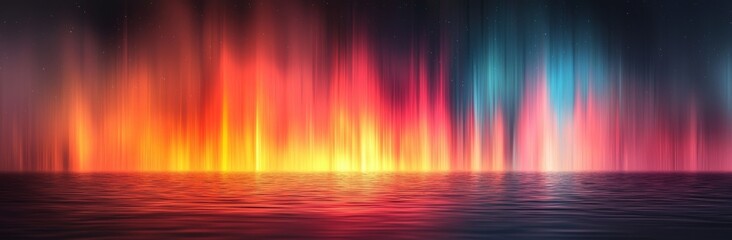 Poster - Panoramic view with a dark background and vertical streaks of varied colors. Simple graphic element, hues organized in bands, smooth transitions, light rays in color