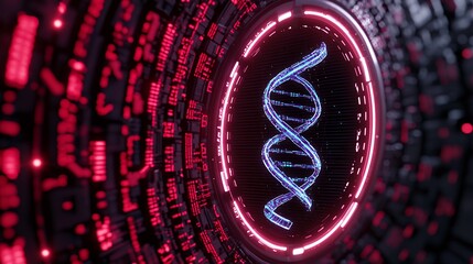 Poster - Glowing Blue Dna Helix in Neon Pink Tech Frame