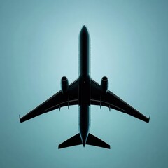 Poster - Silhouette of an airplane flying high against a clean blue background at dawn with smooth lines and sleek design. Generative AI