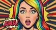 © Deamard - Surprised cartoonish woman in pop art aesthetics with neon rainbow hairstyle and 'Aha!' text