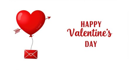 Poster - A valentine's day postcard with a large red heart shaped balloon floating in the air with a small red envelope attached on white background happy valentine's day is written