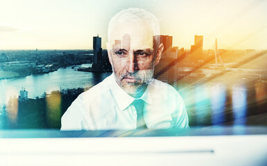 Aufkleber - Businessman, city overlay and computer for thinking, internet research and social networking. Stock exchange, professional and double exposure of person with skyline, online trading and connection