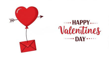 Poster - A valentine's day postcard with a large red heart shaped balloon floating in the air with a small red envelope attached on white background happy valentine's day is written