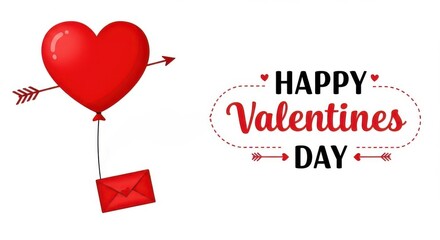 Poster - A valentine's day postcard with a large red heart shaped balloon floating in the air with a small red envelope attached on white background happy valentine's day is written