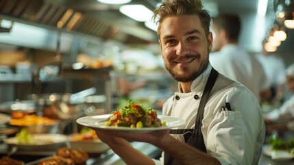 A chef with a satisfied expression, holding a beautifully plated dish in a bustling kitchen