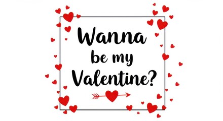 Poster - A simple valentine's day postcard with black text that reads wanna be my Valentine and a red heart with an arrow in the center surrounding by small red hearts playful and romantic on white background