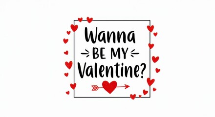 Poster - A simple valentine's day postcard with black text that reads wanna be my Valentine and a red heart with an arrow in the center surrounding by small red hearts playful and romantic on white background
