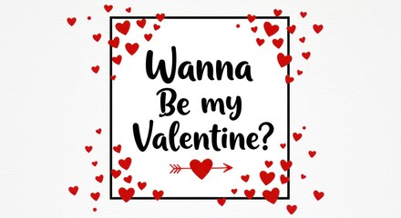 Poster - A simple valentine's day postcard with black text that reads wanna be my Valentine and a red heart with an arrow in the center surrounding by small red hearts playful and romantic on white background