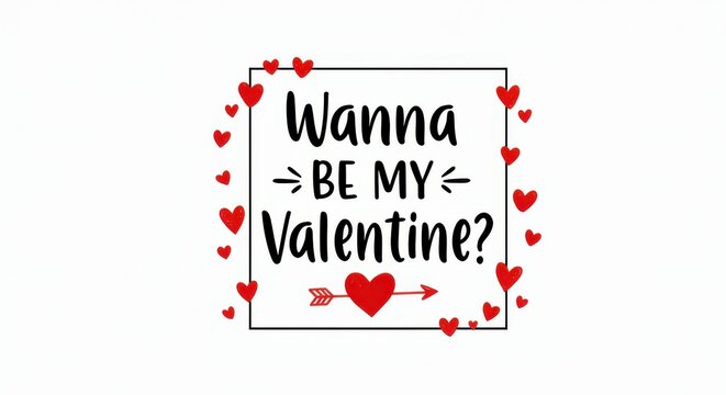 A simple valentine's day postcard with black text that reads wanna be my Valentine and a red heart with an arrow in the center surrounding by small red hearts playful and romantic on white background