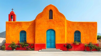 Wall Mural - A large orange building with a blue door and a cross on top