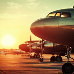 Aufkleber - Retro airplanes lined up on a vintage airfield during sunset creating a nostalgic atmosphere. Generative AI