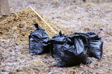 Poster - A scene with garbage bags and hay stacks, suitable for illustration or conceptual art.