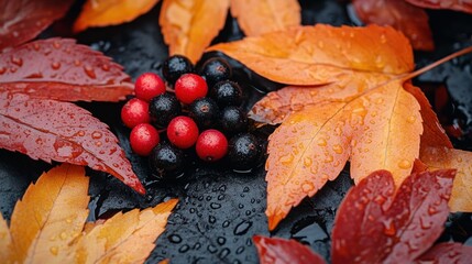 Sticker - Autumn berries and leaves, wet dark surface, detailed close-up