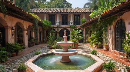 Wall Mural - A courtyard with a fountain in the center surrounded by plants