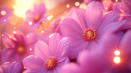 Wall Mural - Pink cosmos flowers blooming, golden light, magic garden