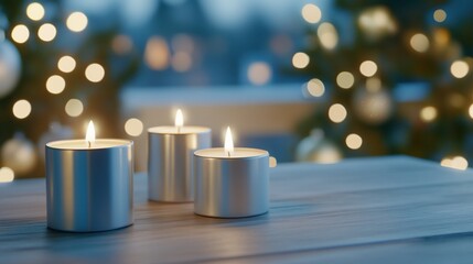 Wall Mural - Silver candles glow on wooden table, Christmas lights bokeh background, holiday mood