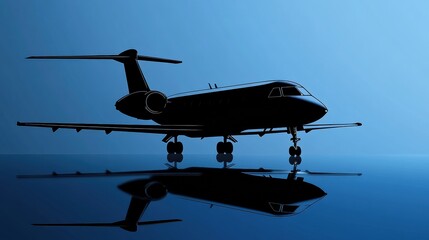 Poster - Silhouette of an airplane in a serene setting at twilight with reflecting ground. Generative AI