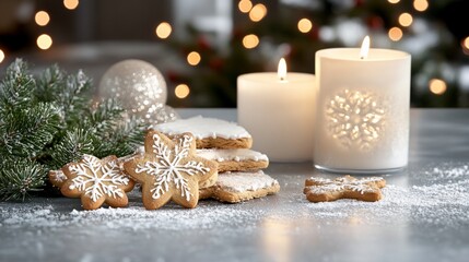 Wall Mural - Festive gingerbread cookies, candles, and ornaments on a table, Christmas lights background