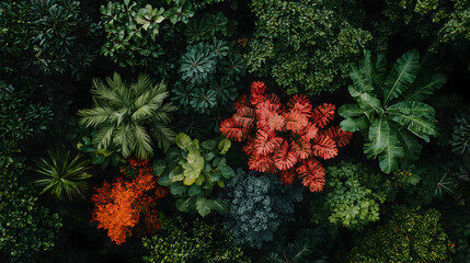 Aerial view of lush tropical foliage, diverse plants, overhead shot, nature background, perfect for website banners