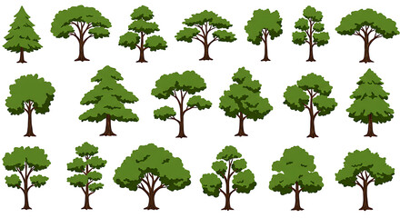 Green trees silhouettes set. Vector hand drawn isolated illustrations of different trees
