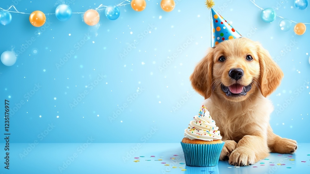 Golden retriever puppy celebrates birthday with cupcake and party hat ...