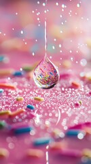 Wall Mural - A water droplet reflects colorful sprinkles. AI.