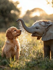 Poster - A playful elephant and puppy share a moment of fun. AI.