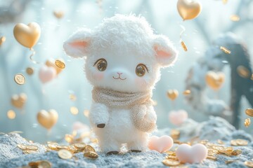 Sticker - Cute fluffy lamb surrounded by hearts and coins. AI.