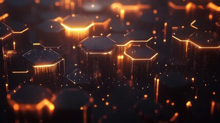 Poster - Glowing Hexagonal Patterns in a Dark Abstract Background