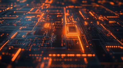 Poster - Abstract Digital Circuit Board with Glowing Orange Lights and Lines